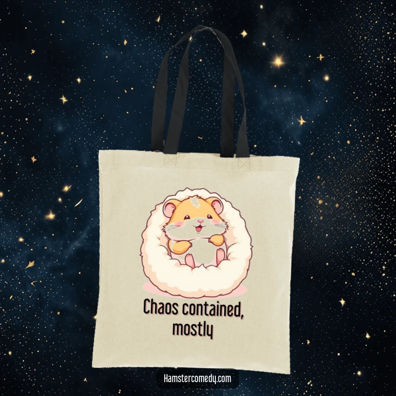 Funny tote bag featuring an ecstatic hamster rolling freely in a plush, soft bed, exuding pure, uninhibited glee.