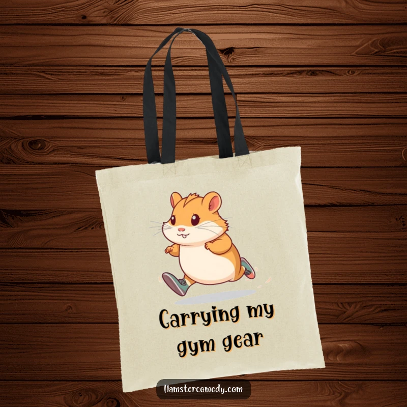 Determined hamster wearing tiny running shoes, sprinting powerfully, a humorous and practical tote bag for sports gear or daily use.