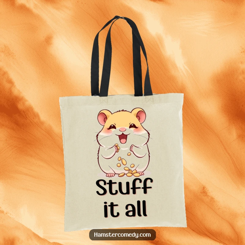 Funny hamster joyfully stuffing its plump cheeks with seeds, a humorous and practical tote bag.