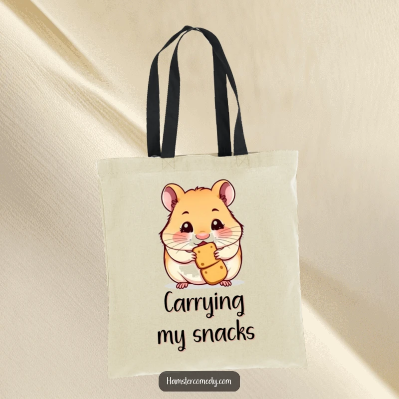 Humorous hamster illustration on a tote bag, nose twitching in delight over a treat, practical and cute.