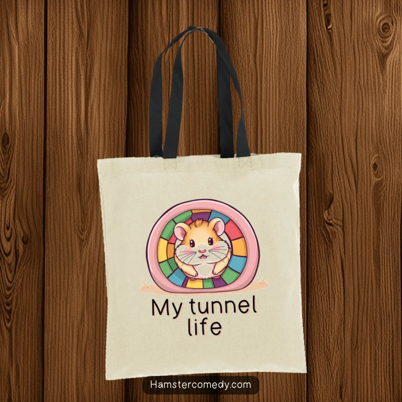 Funny Hamster Tunnel Tote Bag depicting a hamster peeking from a tunnel, excellent for carrying items humorously.