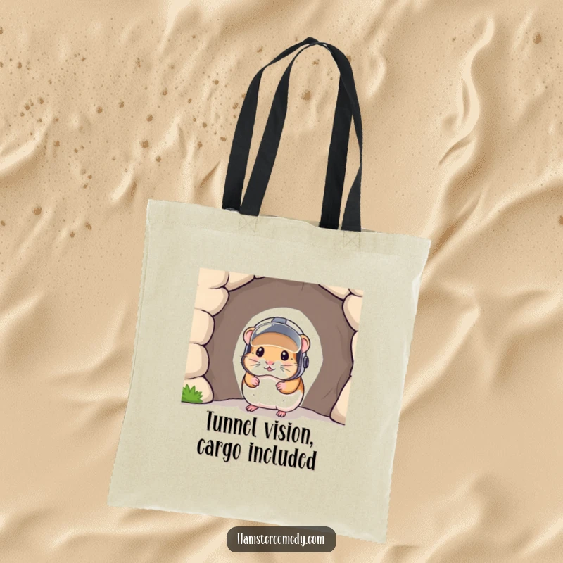 Funny tote bag showing a hamster in a helmet peeking from a tunnel, perfect for carrying items with a humorous touch.