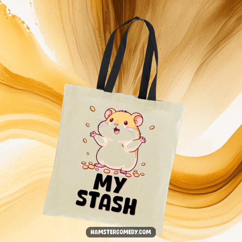 Funny kawaii hamster tote bag featuring a cute hamster energetically juggling tiny seeds, perfect for shopping and daily use.