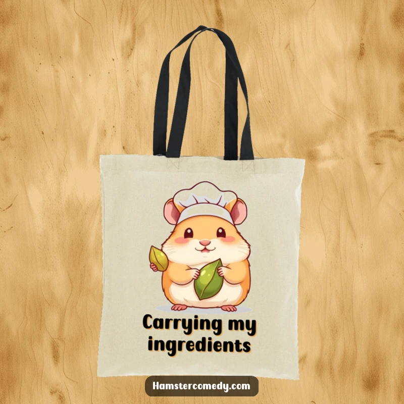Funny tote bag featuring a kawaii hamster chef in a tiny hat, presenting a single seed as a delicacy.