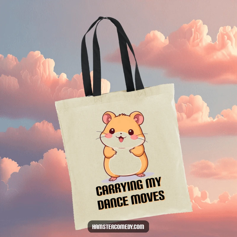 Funny Kawaii Hamster Tote Bag: A happy, cute hamster performing an energetic wiggle dance, ideal for carrying essentials with a smile.