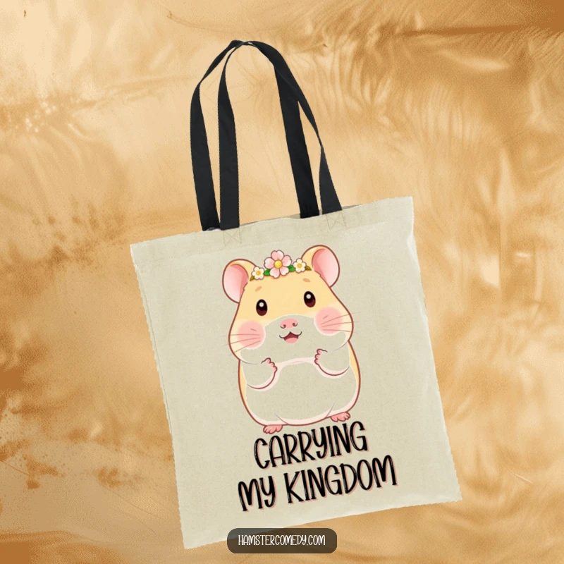Funny Kawaii Hamster Tote Bag: Cute hamster wearing a tiny flower crown, perfect for carrying daily items with a touch of royal charm.