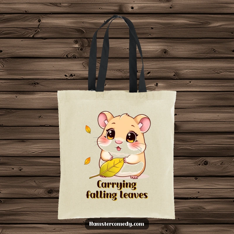 Funny Kawaii Hamster Tote Bag: Small, curious hamster observing a single falling leaf, highlighting a moment of quiet observation and nature appreciation.