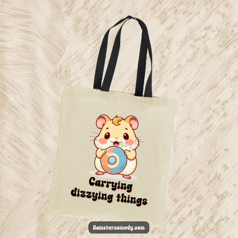 Funny Tote Bag featuring a surprised kawaii hamster gazing wide-eyed at a rapidly spinning object.