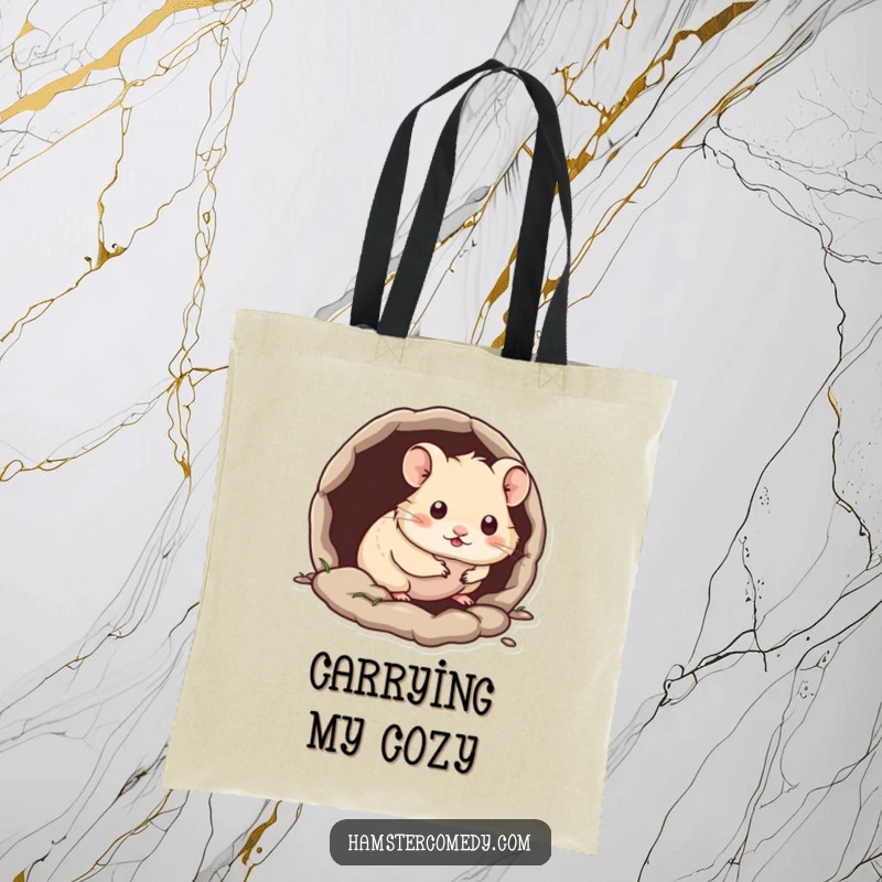 Funny Kawaii Hamster Tote Bag depicting a hamster peeking out from a tiny burrow, great for carrying secrets.
