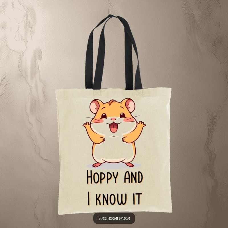 Funny Kawaii Hamster Tote Bag featuring a cute hamster doing a silly hop with excitement, a stylish and humorous accessory.
