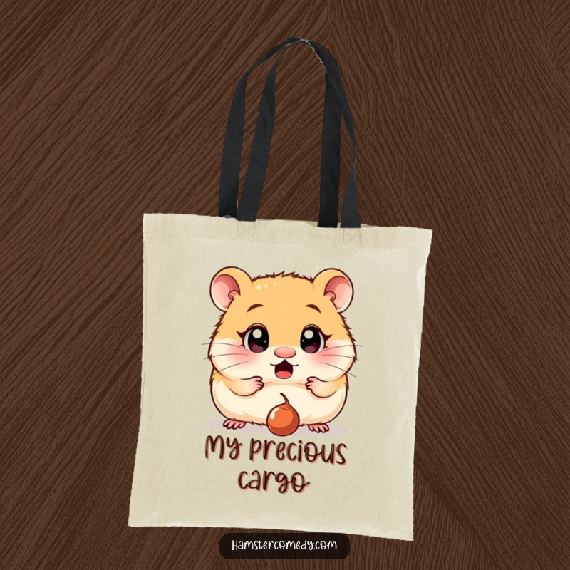 Funny Tote Bag: A hamster with comically wide, surprised eyes is captivated by a single dropped raisin, a hilarious sight.