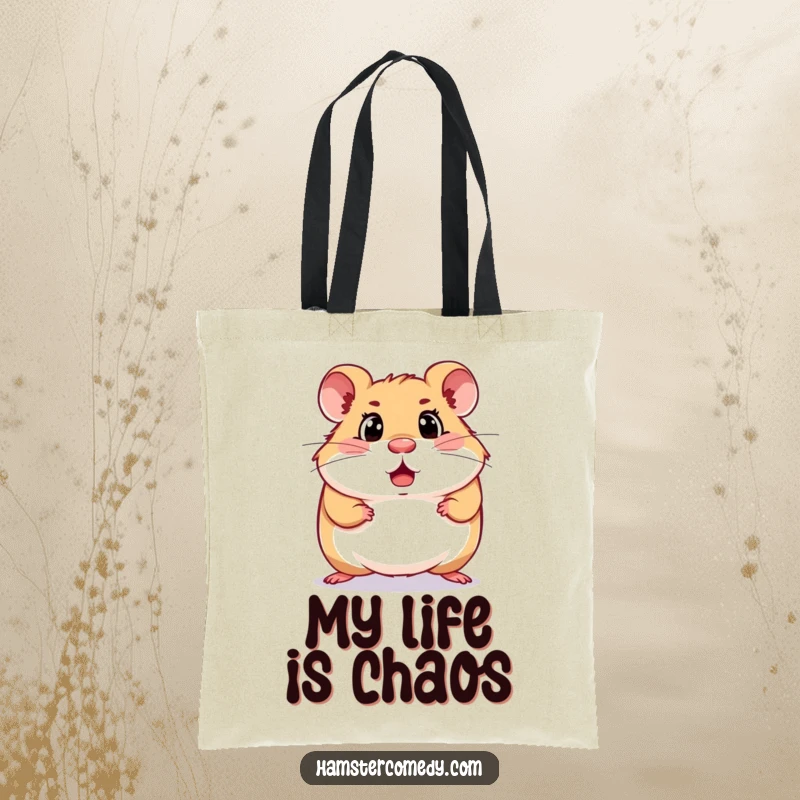 Funny surprised hamster tote bag featuring a hamster mid-scurry with a comically shocked expression, symbolizing everyday surprises.