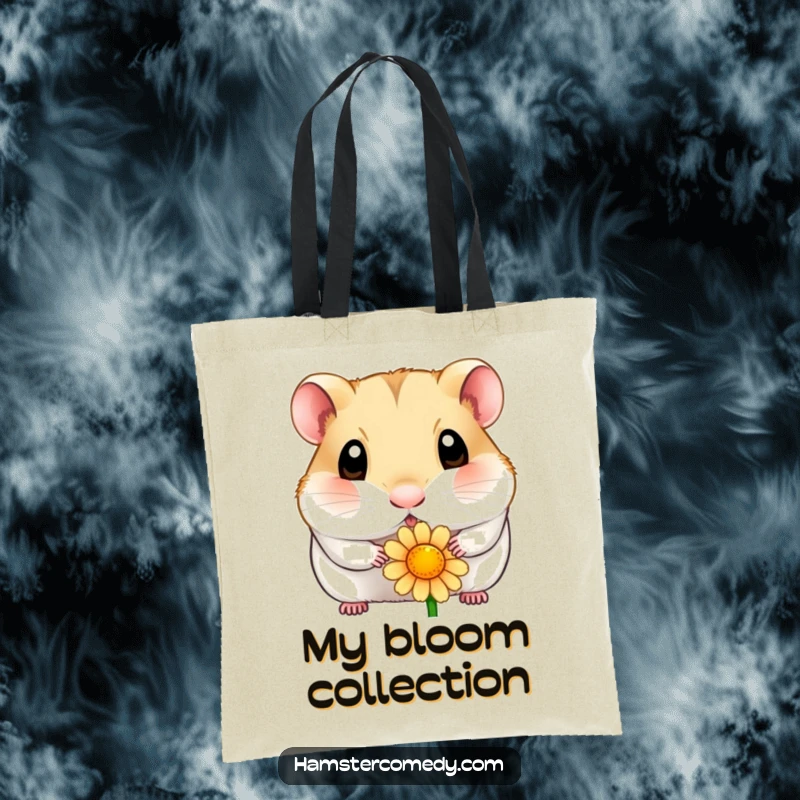 Funny hamster tote bag showing a cute, wide-eyed hamster curiously smelling a beautiful flower, perfect for carrying everyday items.