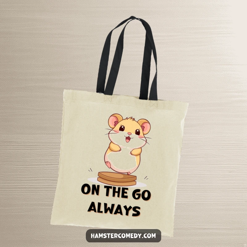 Cute kawaii hamster running on a wheel, on a stylish and functional tote bag, symbolizing energy.