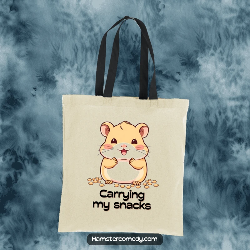 Cute kawaii hamster with full cheeks, stuffing seeds, on a stylish and functional tote bag.