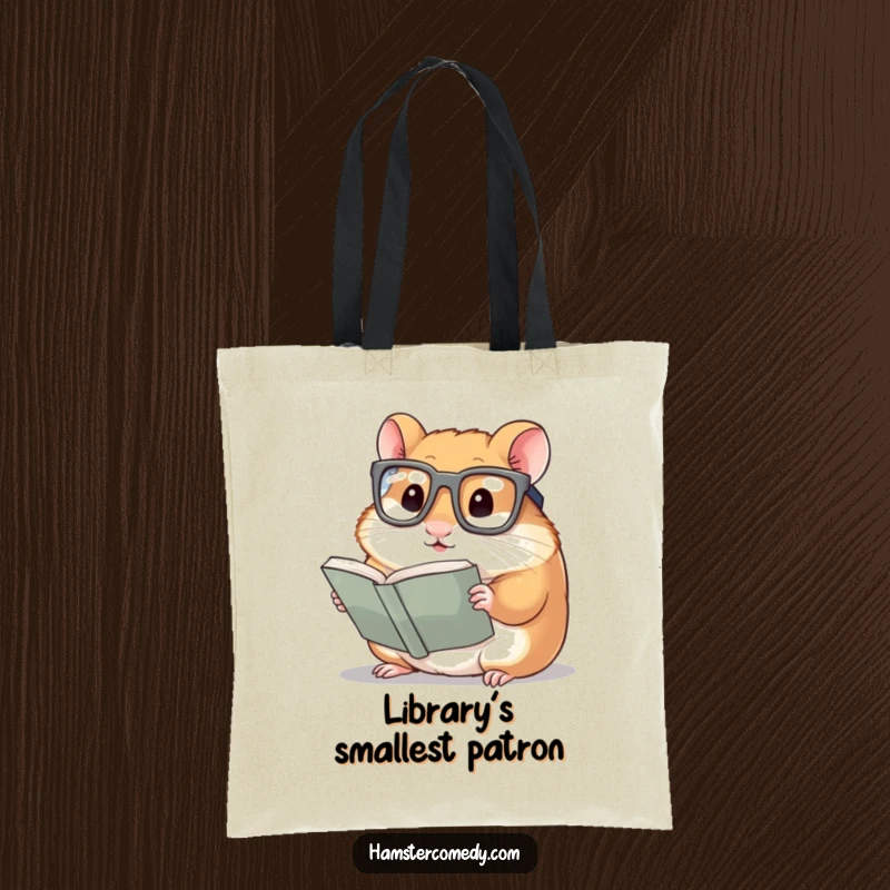Funny Hamster Tote Bag: A hamster with oversized glasses, engrossed in reading a tiny book, symbolizing wisdom and literary fun.