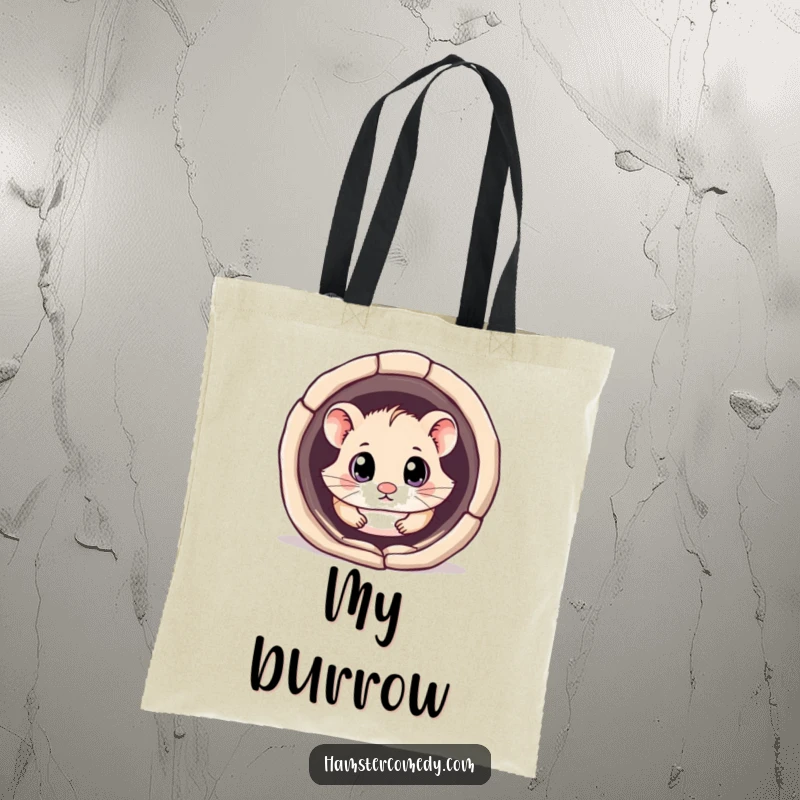 Funny kawaii hamster tote bag featuring a cute hamster with big, curious eyes exploring a tunnel, ideal for carrying essentials.