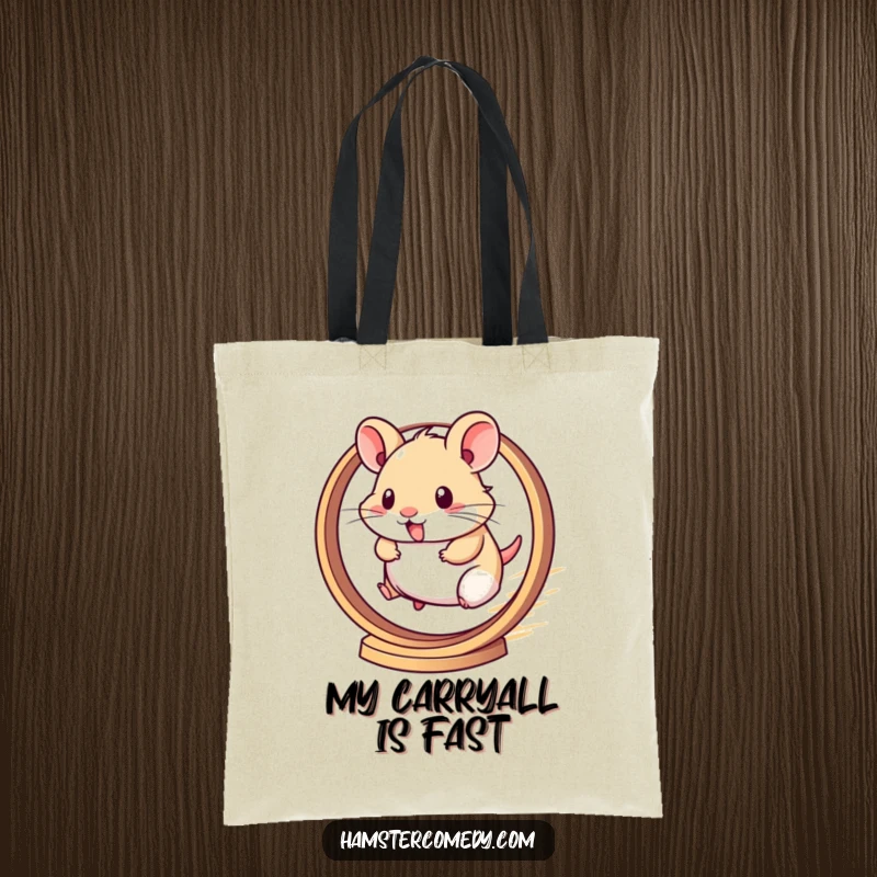 Funny tote bag displaying a kawaii hamster sprinting vigorously on a hamster wheel, full of motion.