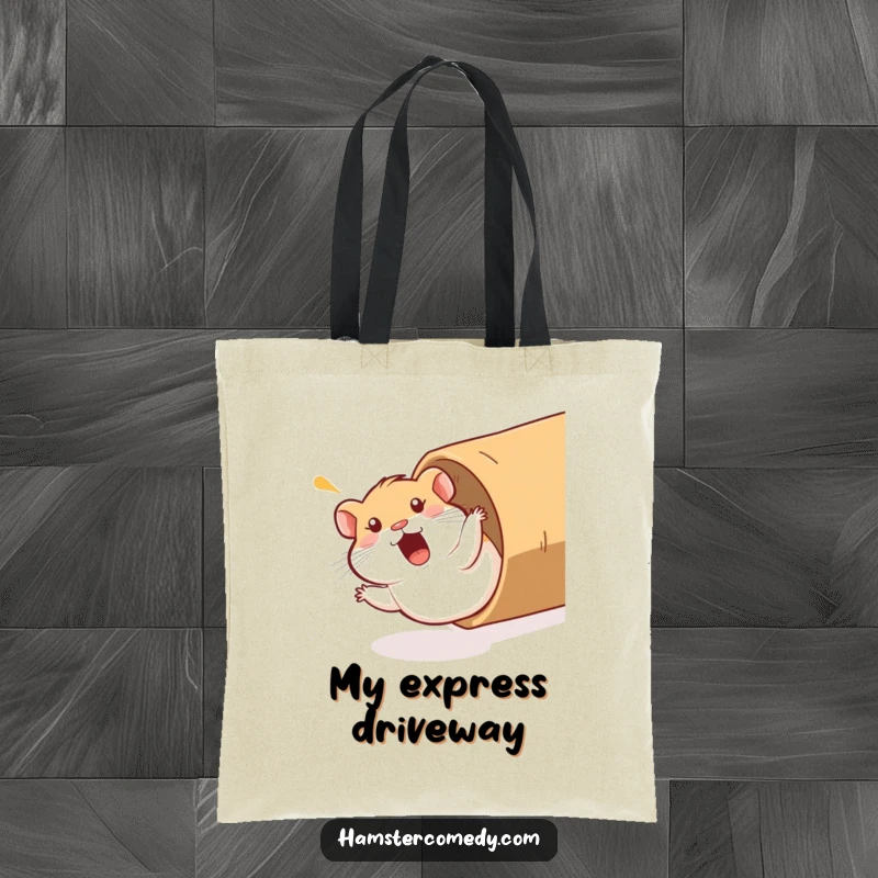 Funny Hamster Tote Bag: A hamster sliding down a cardboard tube with a surprised yelp, symbolizing spontaneous fun and comical chaos.