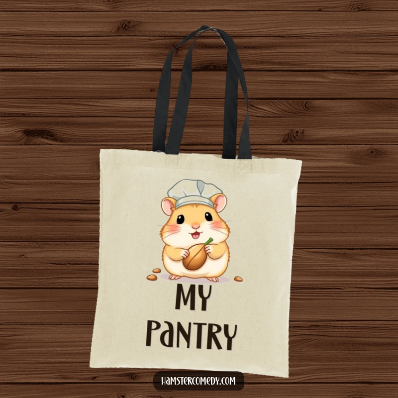 Funny kawaii hamster chef tote bag showing a cute hamster wearing a chef hat and offering a seed, great for shopping.