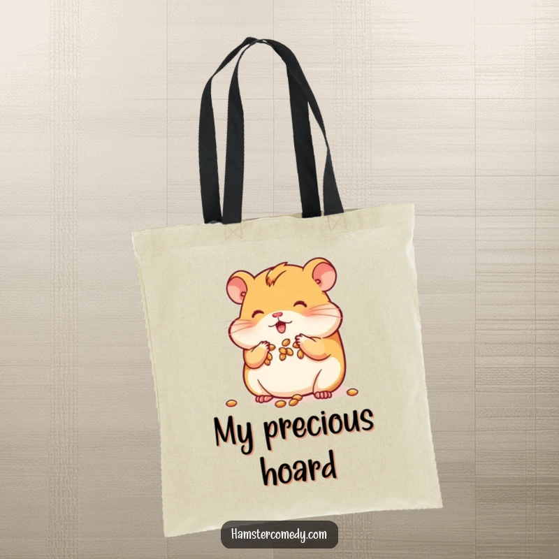 Funny Kawaii Hamster Tote Bag depicting a hamster stuffing its cheeks with seeds, great for shopping.