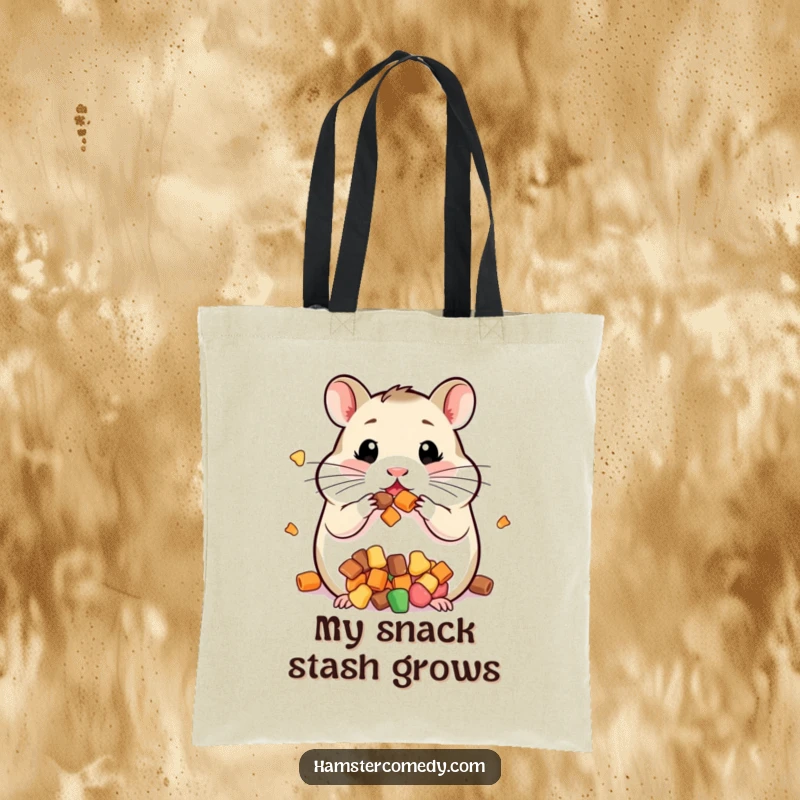 Funny tote bag with a kawaii hamster whose cheeks are comically packed full of various treats.