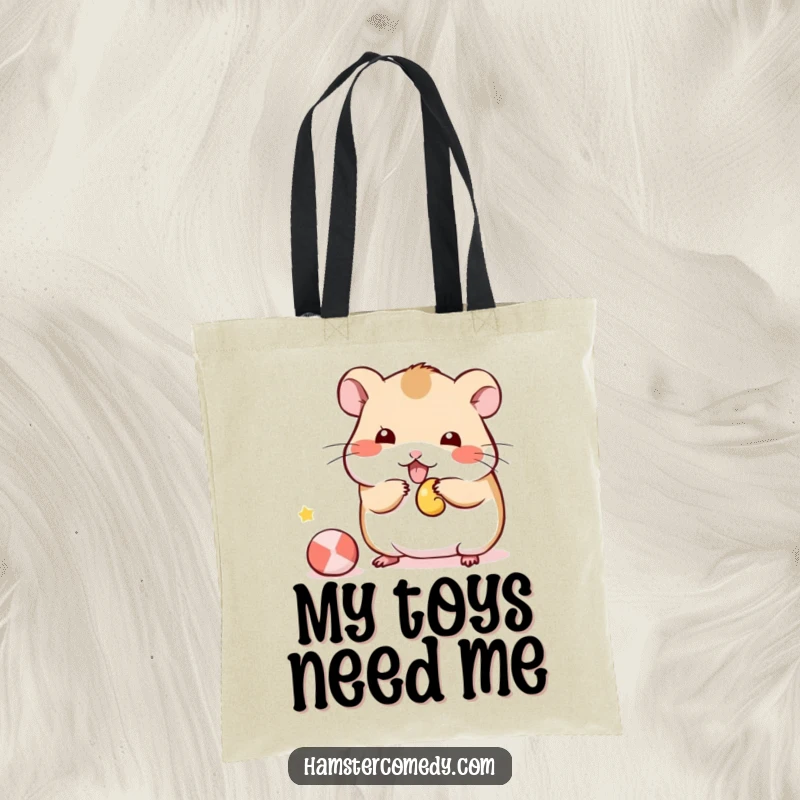 Funny Kawaii Hamster Tote Bag featuring a cute hamster playfully batting at a small toy, a stylish and humorous accessory.