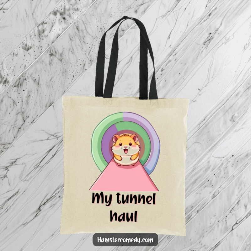 Funny hamster tote bag showing a happy hamster with a wide smile sliding down a colorful tunnel, perfect for everyday use.