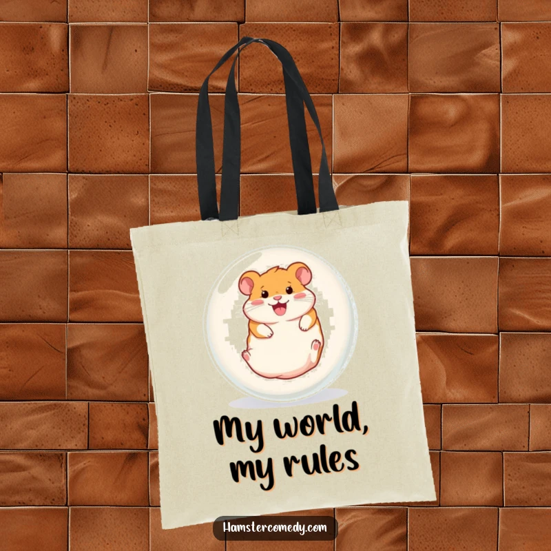 Funny tote bag featuring a hamster gleefully rolling inside a clear ball, perfect for carrying items with a humorous, energetic vibe.