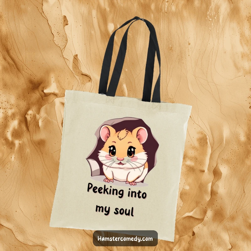 Funny hamster tote bag with a hamster peeking curiously into a hole, symbolizing discovery and playful intrigue.