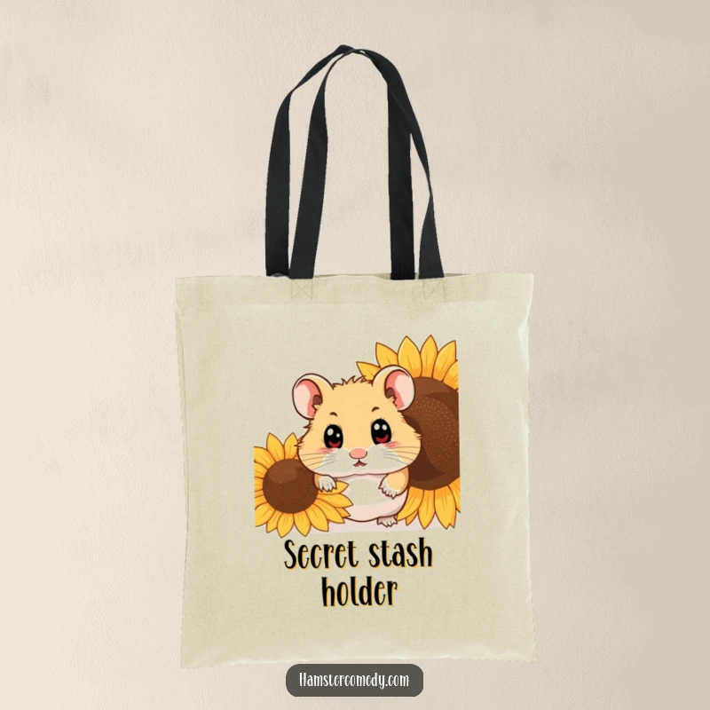 Funny hamster peeking from behind a sunflower seed on a durable tote bag, ready for gifting.