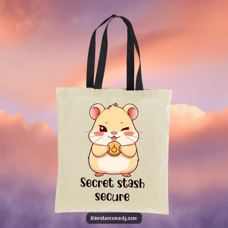 Funny Kawaii Hamster Tote Bag showing a cute hamster with a mischievous wink and holding a tiny button, a humorous and secretive accessory.