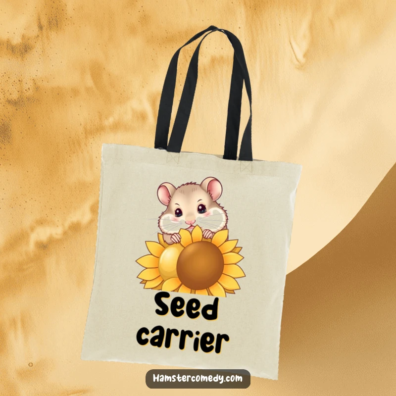 Funny hamster tote bag featuring a curious hamster nibbling a huge sunflower seed, a humorous and practical accessory for daily use.