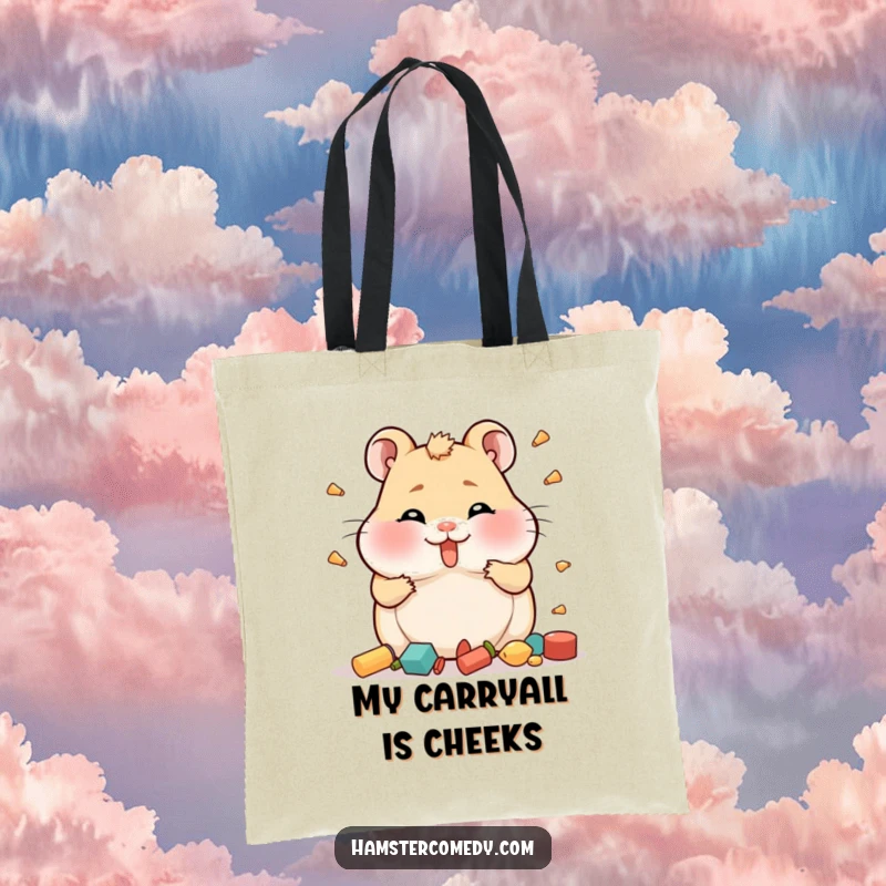 Funny Hamster Tote Bag with full cheeks comically trying to hoard items, perfect for carrying essentials and treasures.