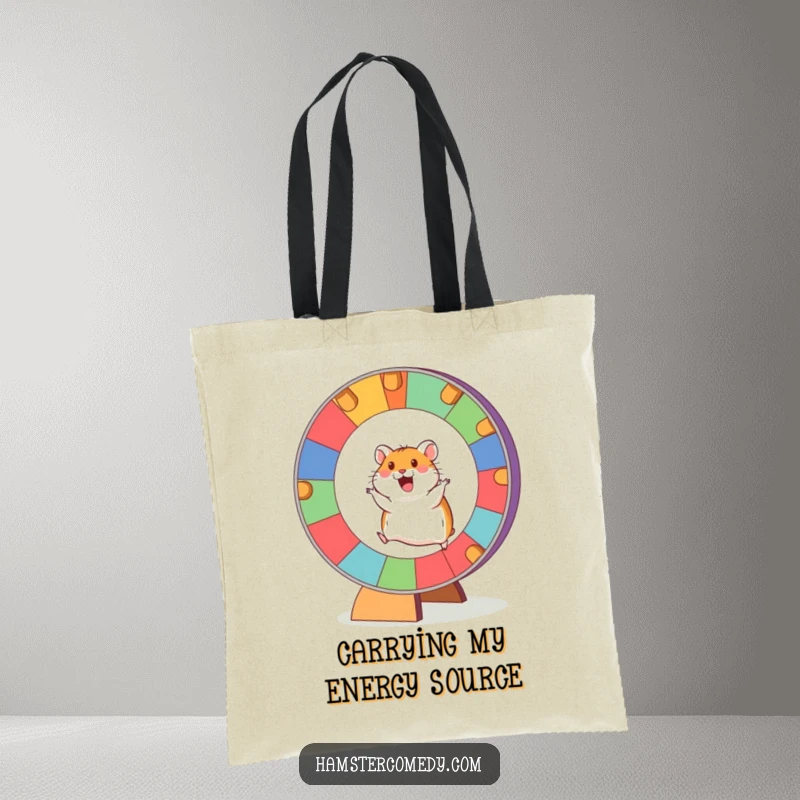 Funny Hamster Tote Bag showing an excited hamster running on a giant, colorful wheel, practical and stylish.