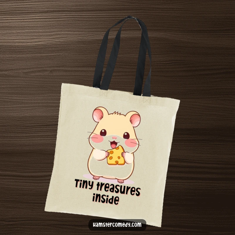 Funny Kawaii Hamster Cheese Tote Bag: A practical tote showcasing a cute hamster with a small piece of cheese, perfect for daily use.